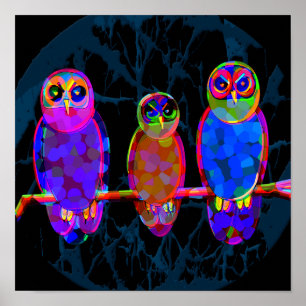 3 Colourful Owls at Night - Pop Art Poster