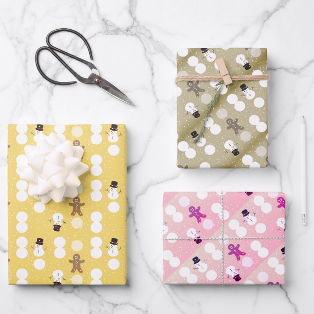 3 colours of snowman and gingerbread wrapping pape paper sheet (Front)