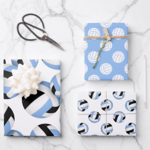 3 coordinating light blue black volleyballs wrapping paper sheet