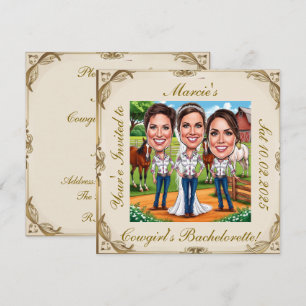 3 Cowgirl Bridal caricatures on the farm Invitation