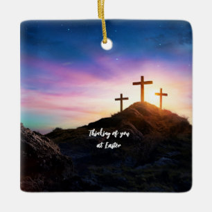 3 Crosses Thinking of You at Easter. Editable Ceramic Ornament
