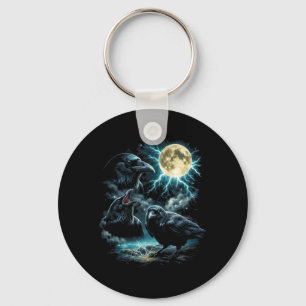 3 Crow Moon Howling Raven Head Funny Graphic Key Ring
