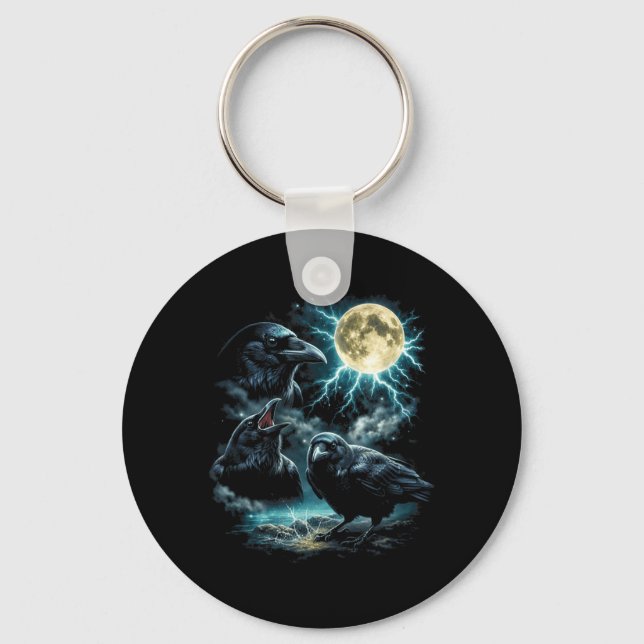 3 Crow Moon Howling Raven Head Funny Graphic Key Ring (Front)