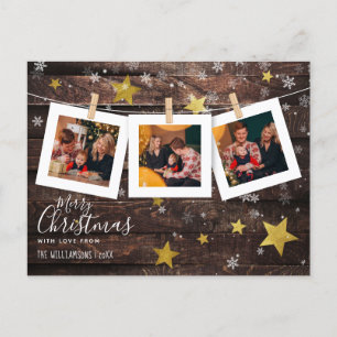 3 Custom Christmas Photo Pegs Rustic Wood & Stars Holiday Postcard