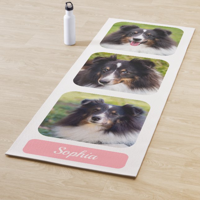 3 Custom Photos Collage Template With Name On Pink Yoga Mat (In Situ)
