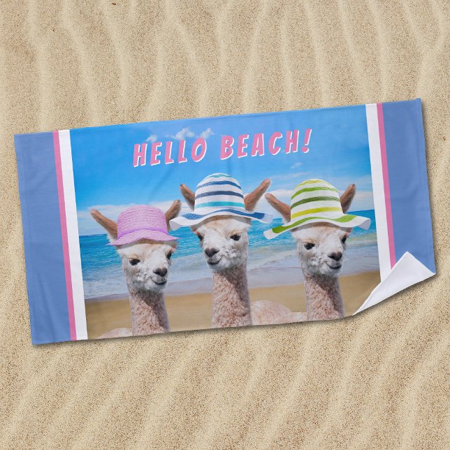 3 Cute Alpacas In Sun Hats Personalise Beach Towel (Creator Uploaded)