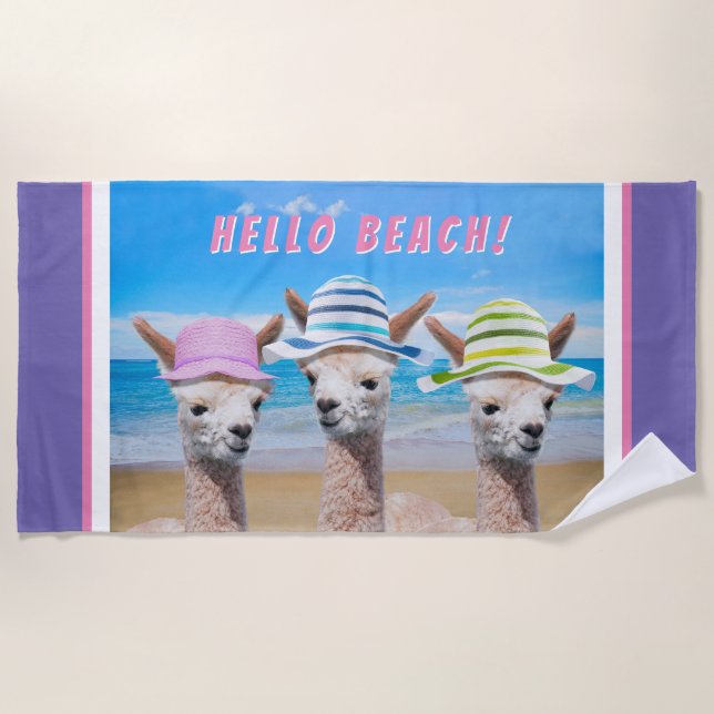 3 Cute Alpacas In Sun Hats, Personalise Periwinkle Beach Towel (Front)
