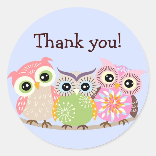 3 Cute and Colourful Owls Thank You Stickers (Front)