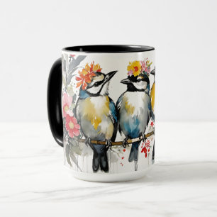 3 Cute Birds Chatting on a Branch in Flower Crowns Mug