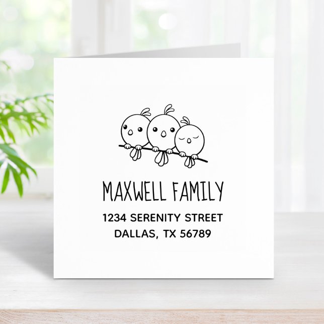 3 Cute Cartoon Birds Family Address Rubber Stamp (Creator Uploaded)