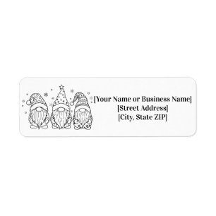 3 Cute Christmas Gnomes Line Art Outline Black Whi Return Address Label