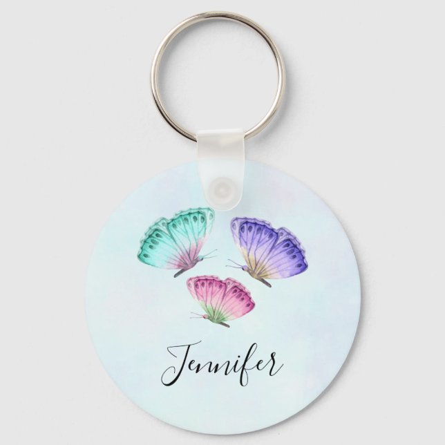3 Cute Colourful Pastel Watercolor Butterflies Key Ring (Front)