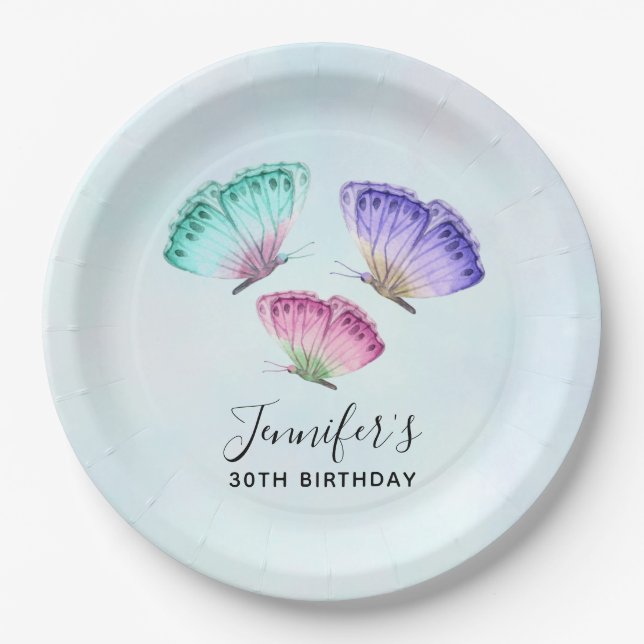 3 Cute Colourful Pastel Watercolor Butterflies Paper Plate (Front)