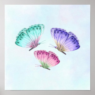 3 Cute Colourful Pastel Watercolor Butterflies Poster