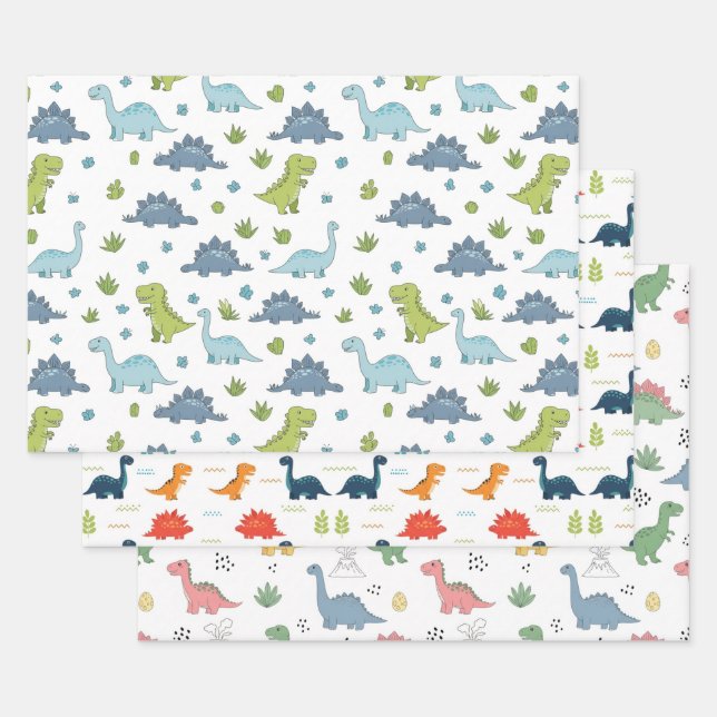 3 Cute Dino Pattern Kids Birthday Wrapping Paper Sheet (Set)