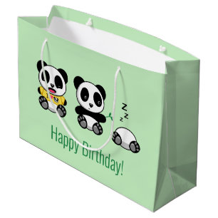 3 Cute Little Pandas on Green Large Gift Bag
