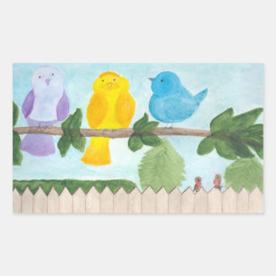 3 Cute Whimsical Colourful Birds Rectangular Sticker