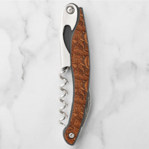 3-D brown tooled floral leather pattern Corkscrew