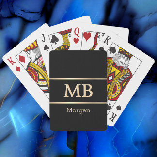 3-D Gold Monogram/Name, Gold Stripes, Black Playing Cards