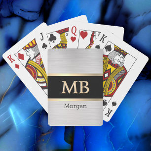 3-D Gold Monogram/Name, Gold Stripes, Black/Silver Playing Cards