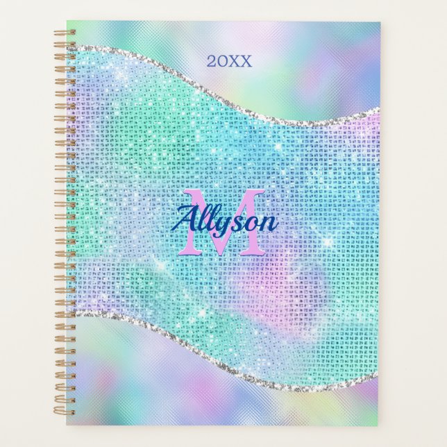 3-D Monogram, Name & Year, Iridescent Sparkle Planner (Front)