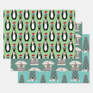 3 Different Funny Penguin Christmas Wrapping Paper Sheet