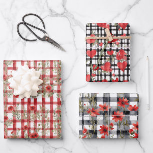 3 Different Pretty Red Floral Hearts Pattern Wrapping Paper Sheet