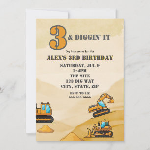 3 & Diggin It, Construction Vehicle 3rd Birthday Invitation