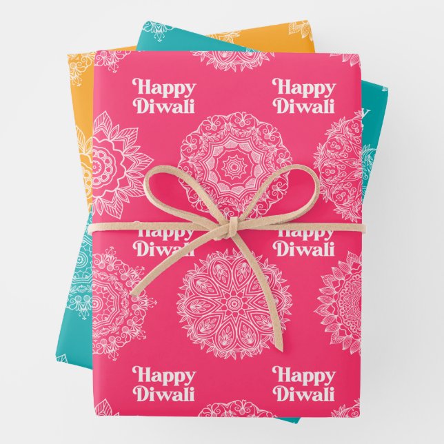 3 Diwali Rangoli Designs Wrapping Paper Sheets (In situ)