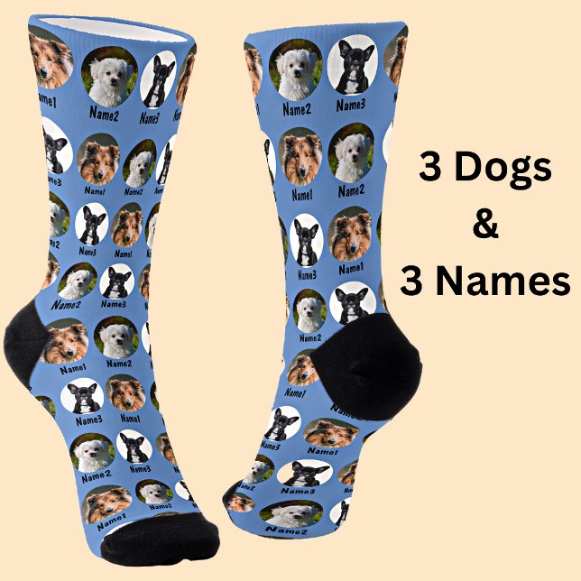 3 Dogs, 3 Names, Dog Photo - Personalised Blue Socks (Creator Uploaded)