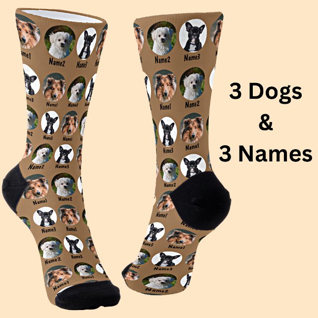 3 Dogs, 3 Names, Dog Photo - Personalised Brown Socks (Creator Uploaded)