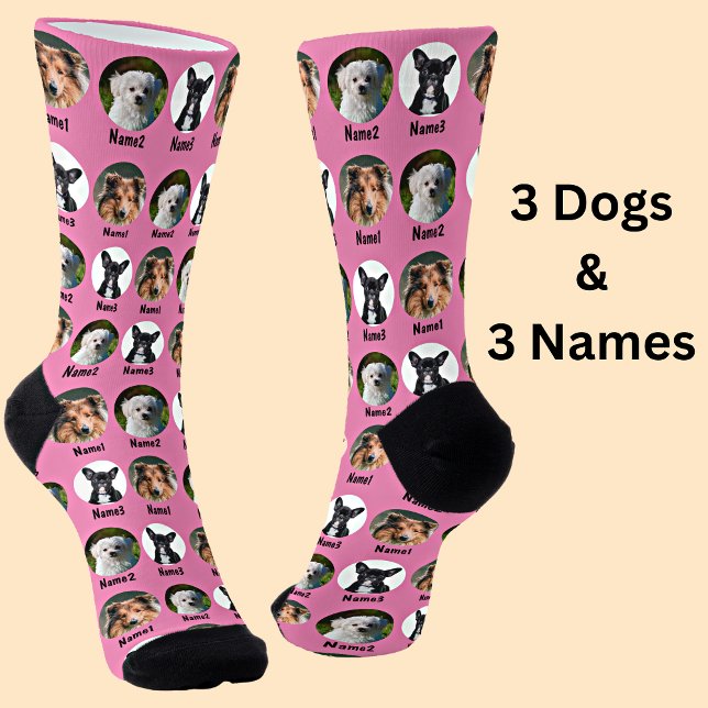 3 Dogs, 3 Names, Dog Photo - Personalised Pink Socks (Creator Uploaded)