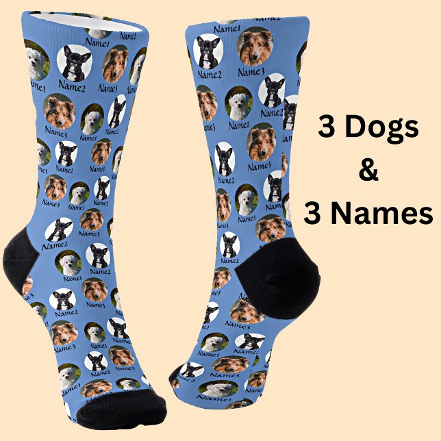 3 Dogs & 3 Names Personalised Pet Photos on Blue   Socks (Creator Uploaded)