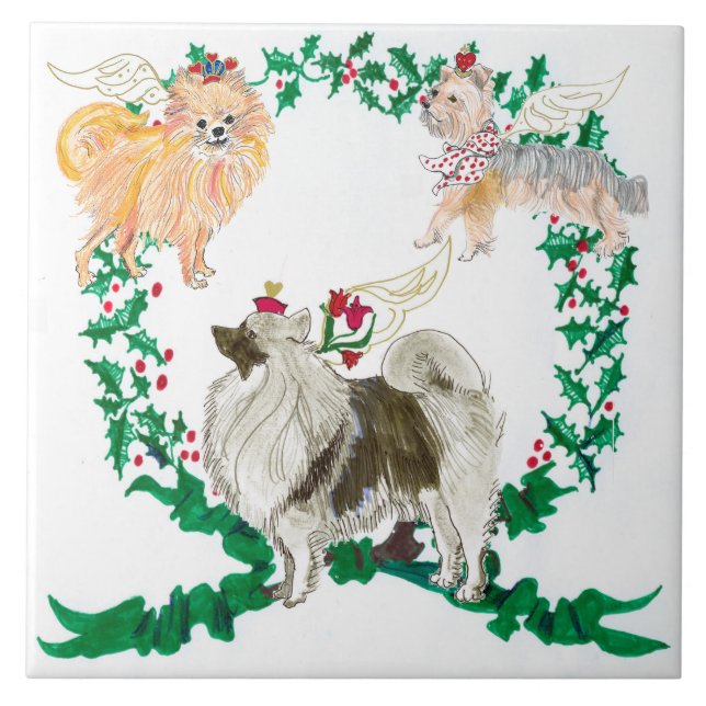 3 Dogs Barking For Joy Holiday Tile Trivet (Front)