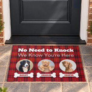 3 Dogs Photos Red Tartan Plaid No Need To Knock Doormat