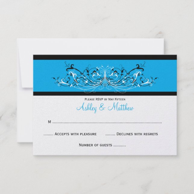 #3 Elegant Blue Black White Scrolls RSVP Card (Front)