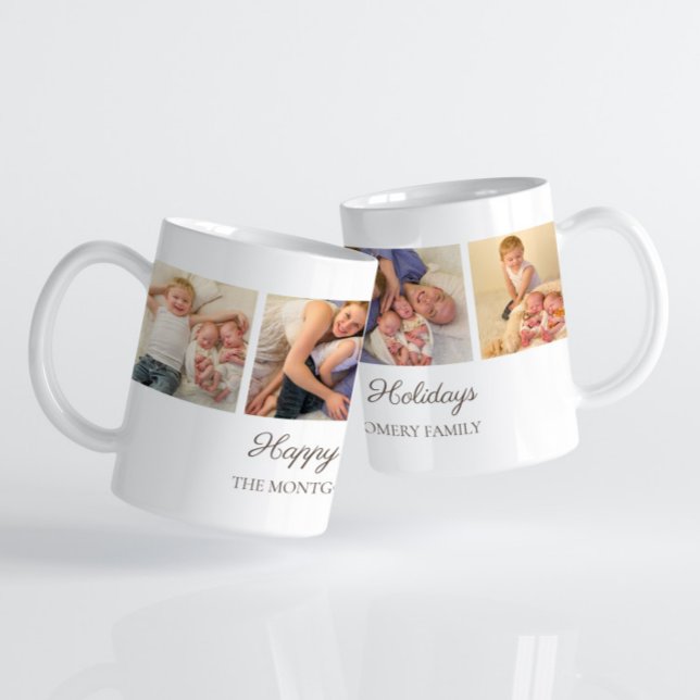 3 Family Photo Collage Happy Holidays Christmas  Coffee Mug (3-photo "Happy Holidays" Christmas photo mug with custom text.)