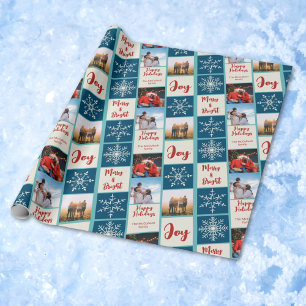 3 Family Photo Collage Script Happy Holidays 2025 Wrapping Paper