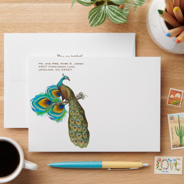 3 Feathers Vintage Peacock Wedding Envelopes (Desk)