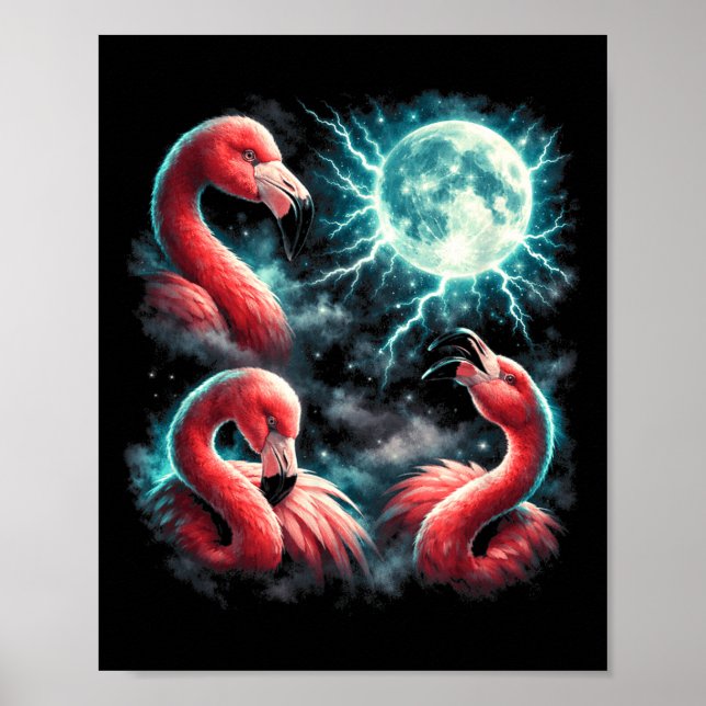 3 Flamingo Moon Howling Flamingo Head Funny Poster (Front)