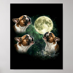 3 french bulldog howling to the moon vintage angle poster