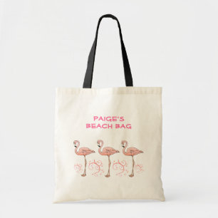 3 Fun Pink Flamingos Swirls Custom Name Summer Tote Bag
