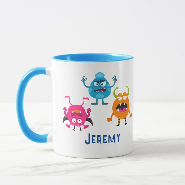 3 Funny Cartoon Monsters, Child's Name Mug (Left)