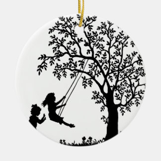 3 Girls, Swinging on Tree Swing & Picking Flowers Ceramic Tree Decoration