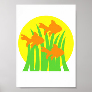 3 Goldfish Swimming Among Seaweeds Poster
