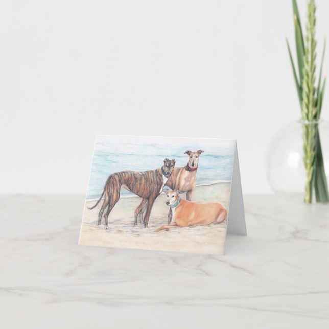 3 Greyhound on the Beach Dog Art Note Card (Front)