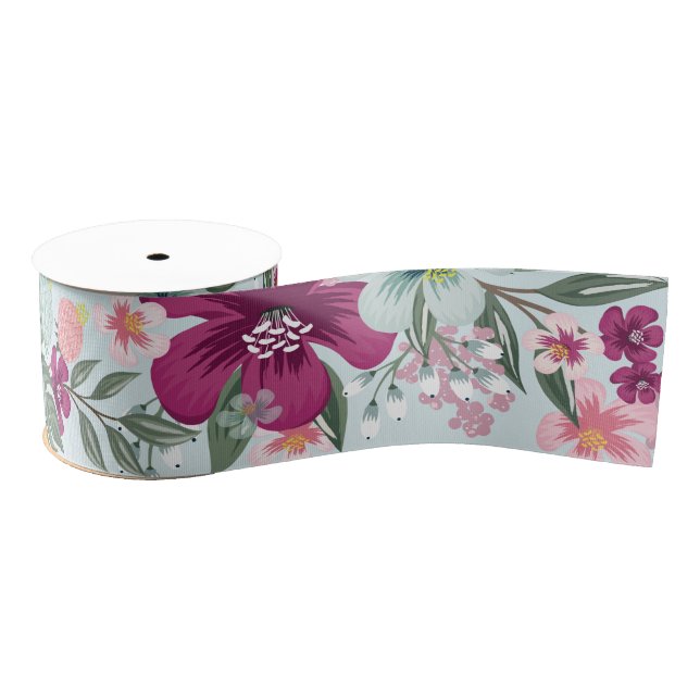 3" Grosgrain Ribbon Tropical Flowers on Blue Ombre (Spool)