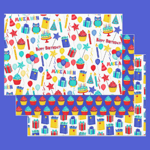 3 Happy Birthday Red Yellow & Blue Kids Wrapping Paper Sheet
