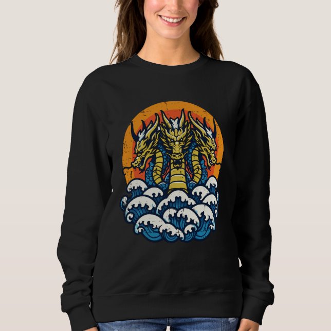 3 Headed Dragon Japanese Waves Retro Anime Men Wom Sweatshirt (Front)