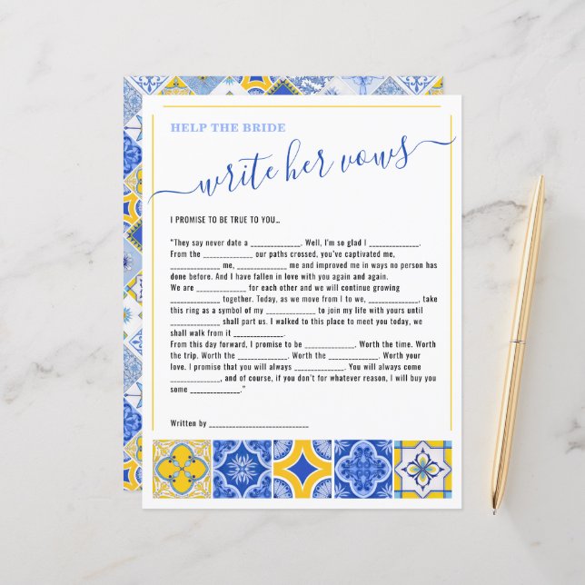 3 Help the Bride Write Her Vows Bridal Shower Game (Front/Back In Situ)